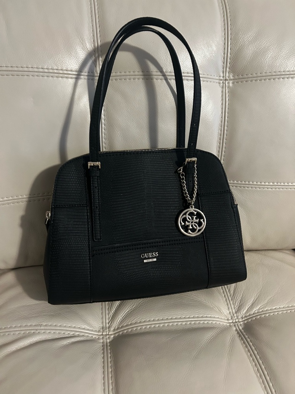 Guess Black Textured Shoulder Bag with Logo Charm